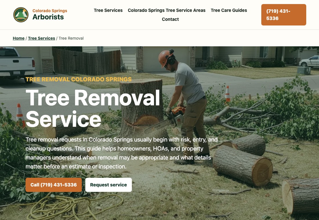 Tree removal service screenshot for Colorado Springs Arborist & Tree Service