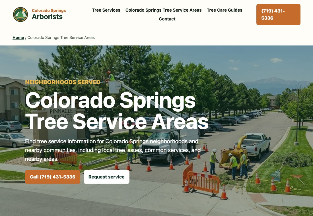 Service areas screenshot for Colorado Springs Arborist & Tree Service
