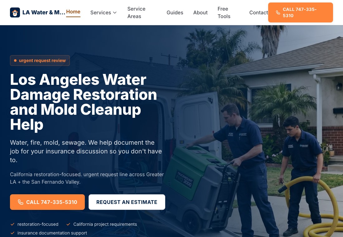 Homepage screenshot for Los Angeles Water Damage Restoration & Mold Inspections