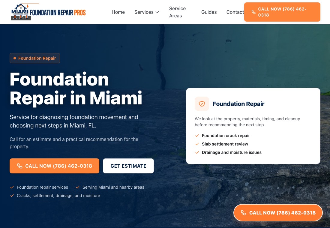 Foundation repair service screenshot for Miami Foundation Repair Pros