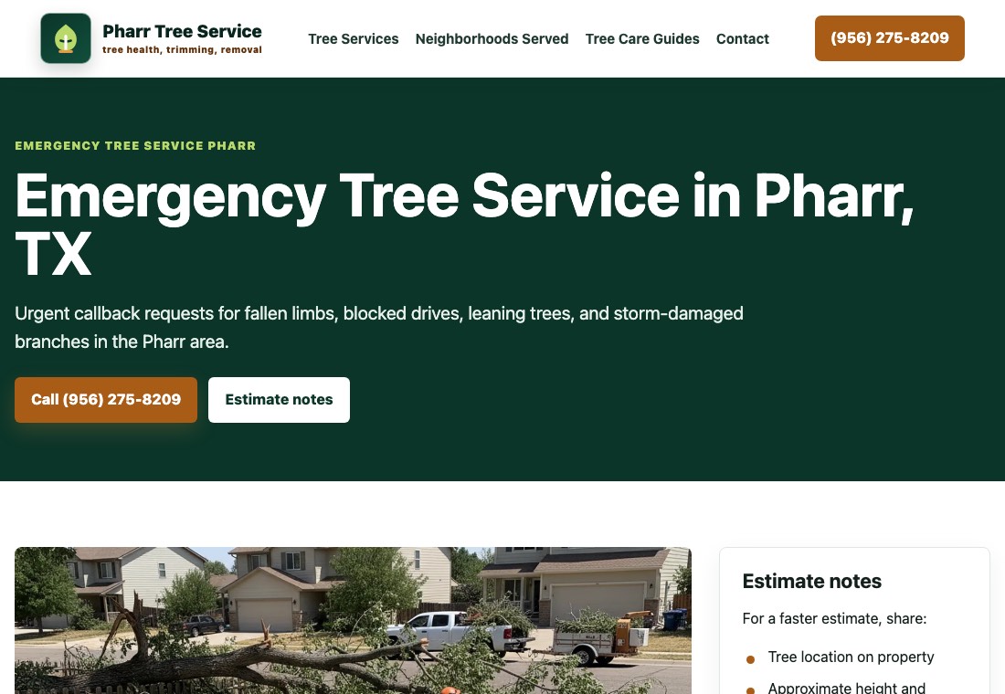 Emergency tree service screenshot for Pharr Tree Service
