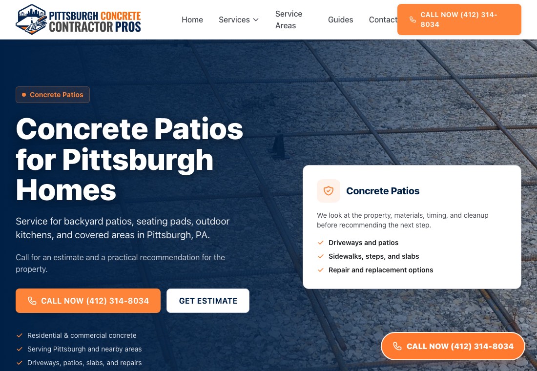Concrete patios screenshot for Pittsburgh Concrete Contractor Pros