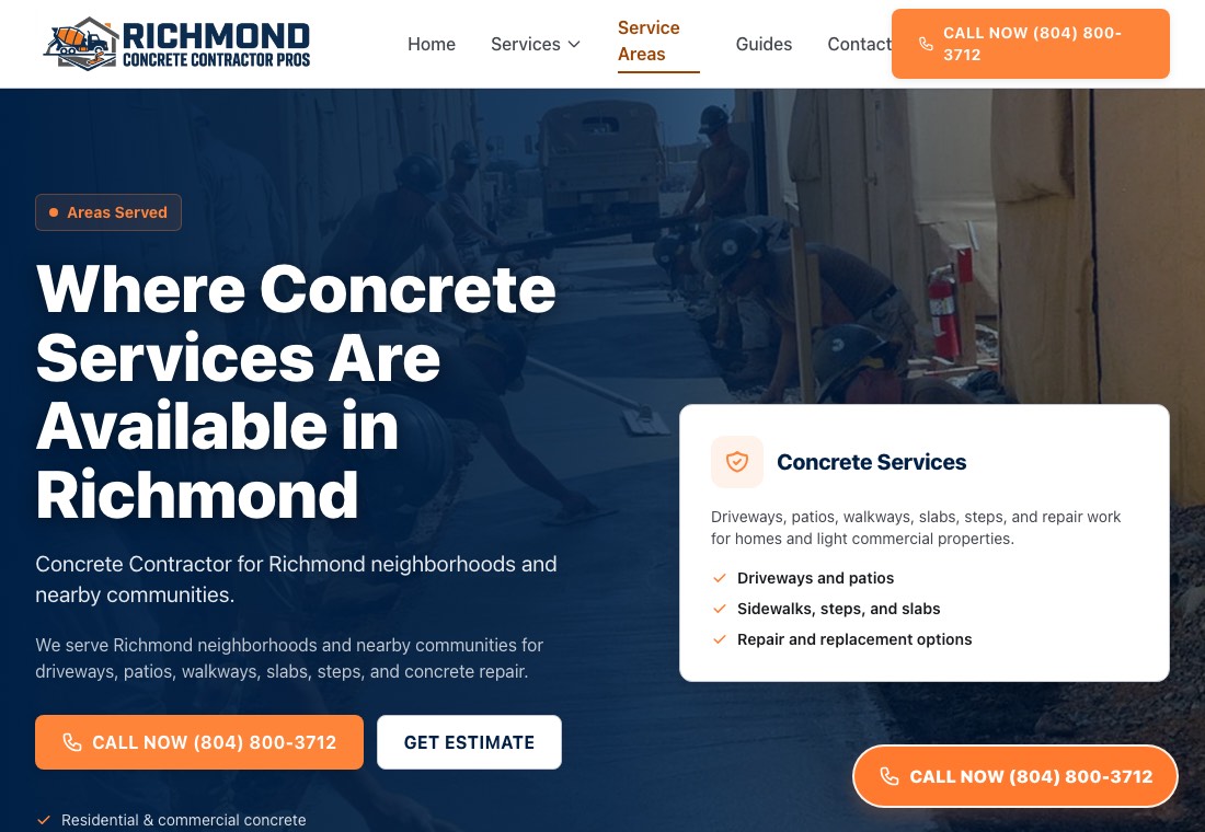 Service areas screenshot for Richmond Concrete Contractor Pros