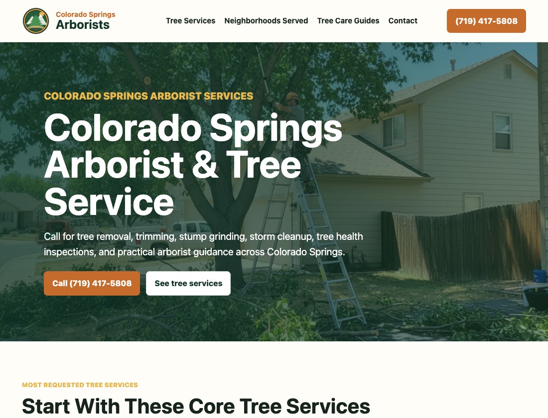 Current screenshot of the Colorado Springs Arborists website