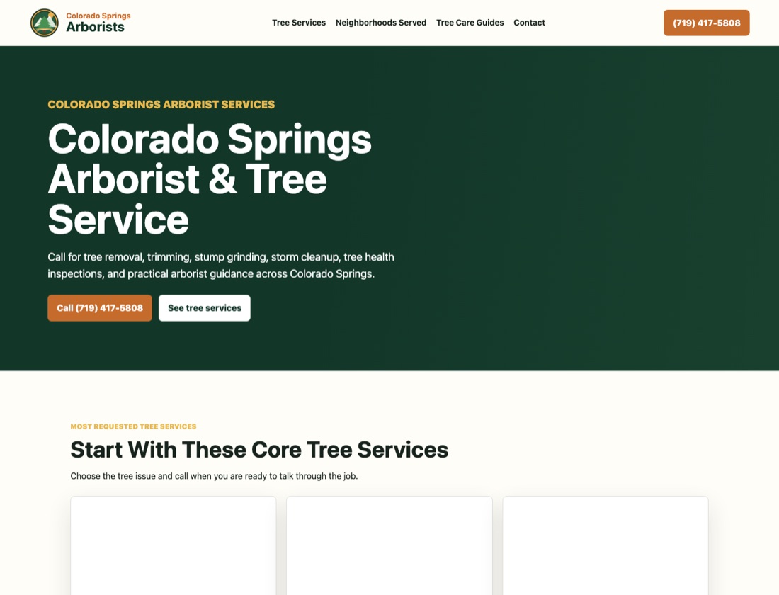 Screenshot of Colorado Springs Arborists website
