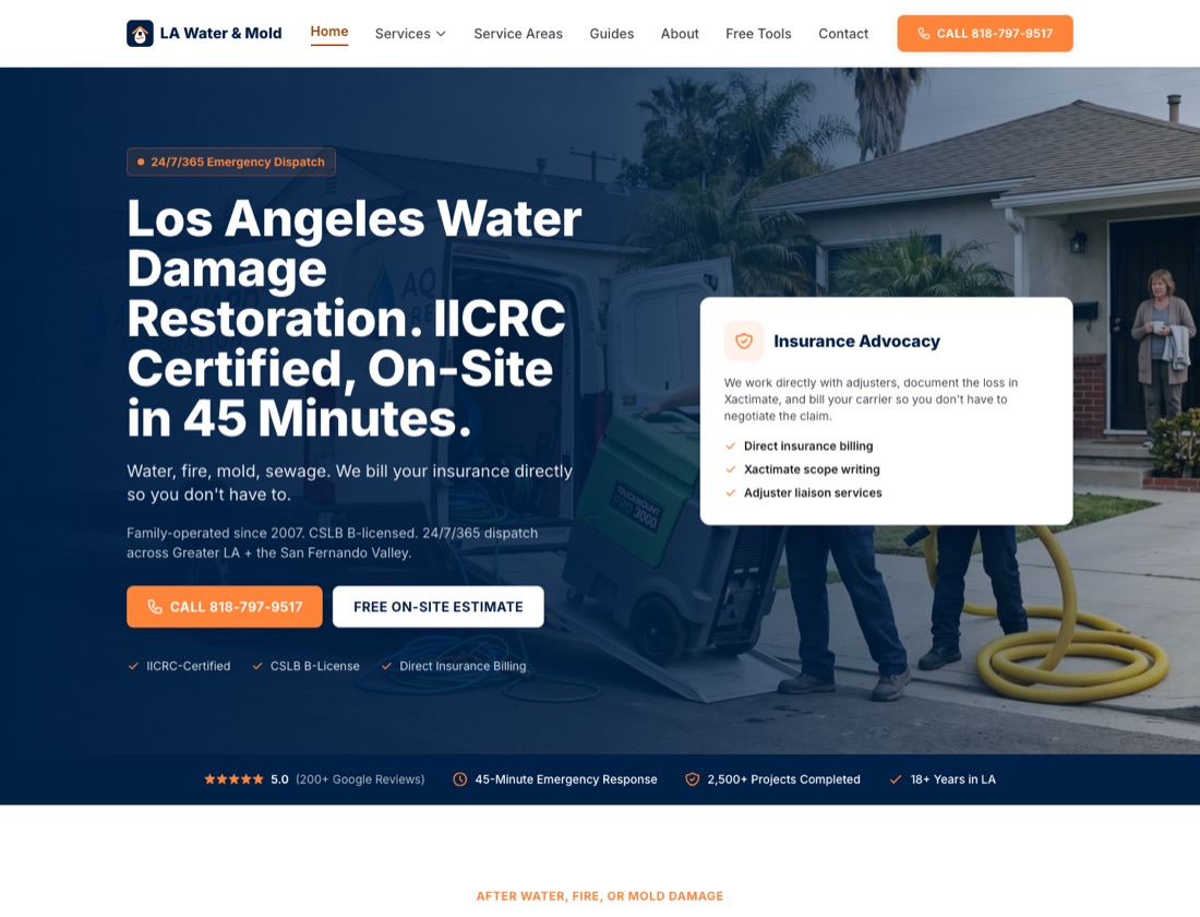 Screenshot of Los Angeles Water Damage Restoration and Mold Inspections website